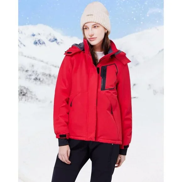 Women's Red Waterproof Ski Jacket Warm Winter Coats Windproof with Hood